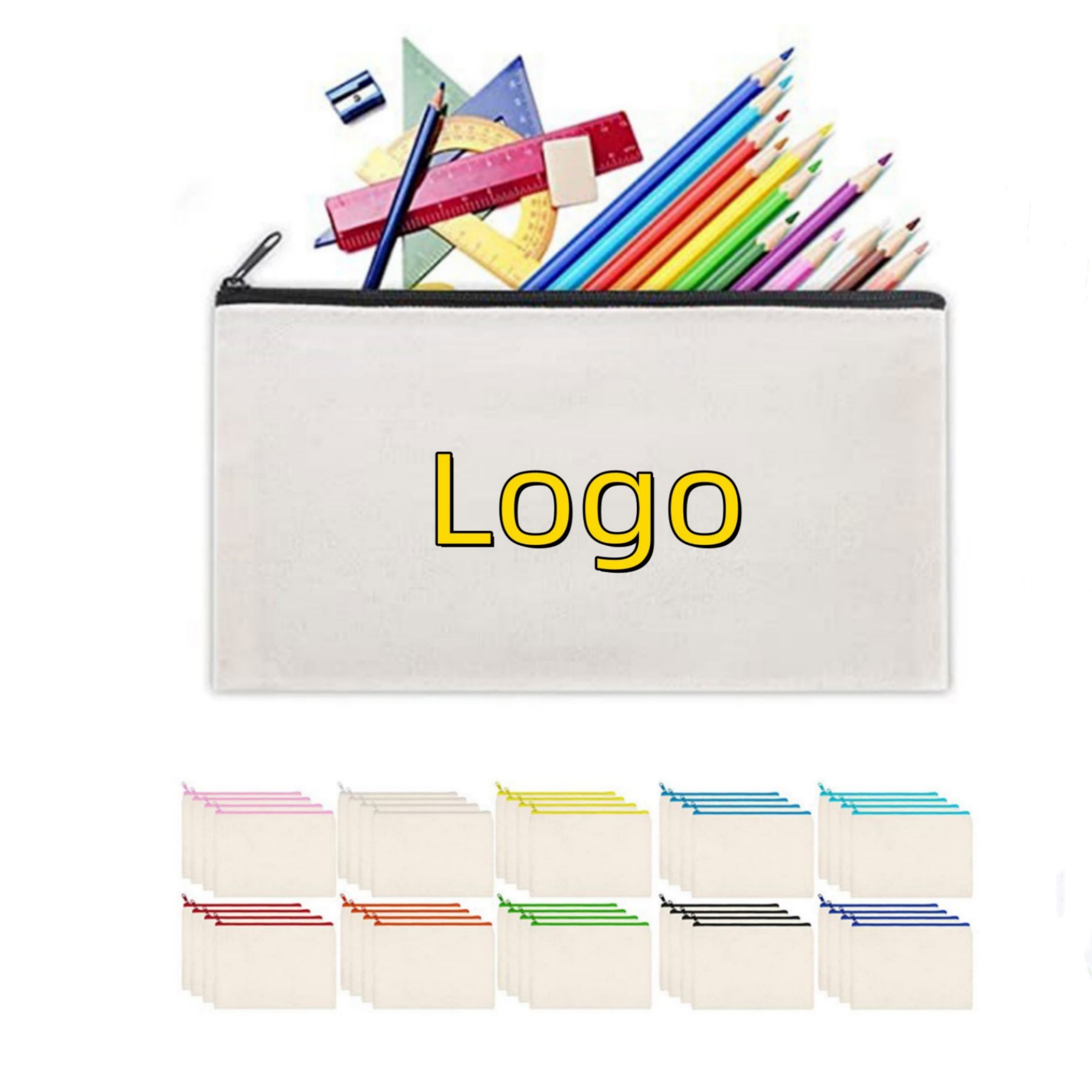 Custom Print Simple Plain Organic Canvas Zipper Pencil Bag Case