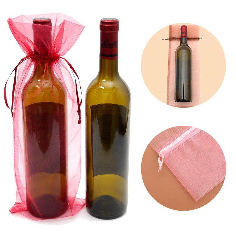 Custom Large Weddings Party Favor Present Gift Drawstring Wine Bottle Organza Bag