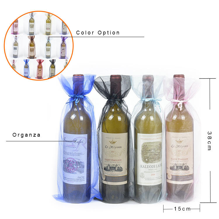 Custom Large Weddings Party Favor Present Gift Drawstring Wine Bottle Organza Bag