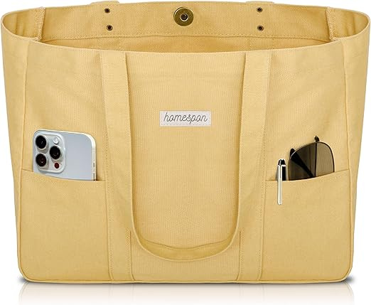 Medium Tote Canvas Shoulder Shopping Bag Multi Purpose Handbag with Front Pockets Laptop Compartment Heavy Duty