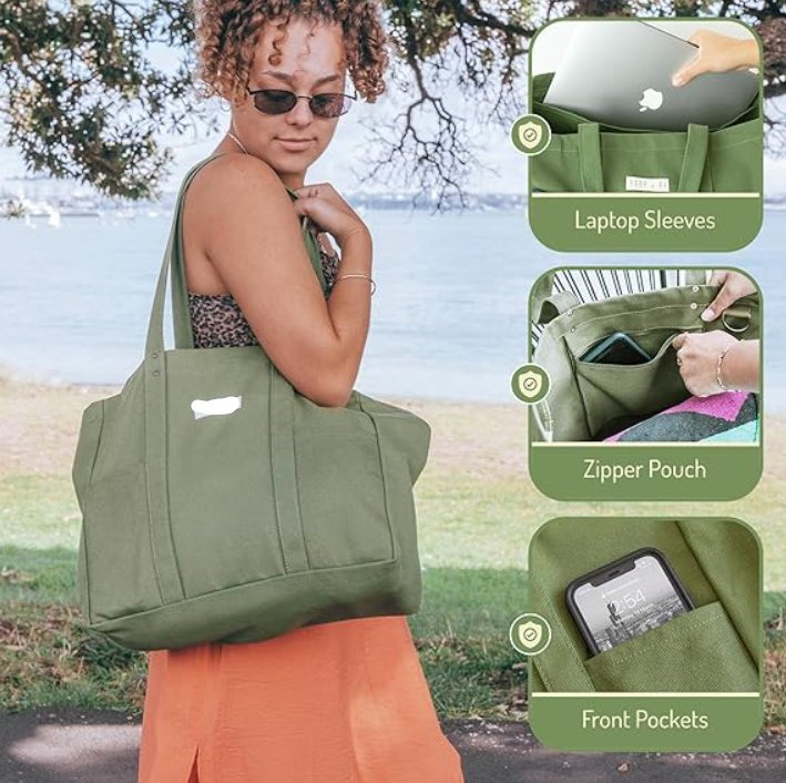 Medium Tote Canvas Shoulder Shopping Bag Multi Purpose Handbag with Front Pockets Laptop Compartment Heavy Duty