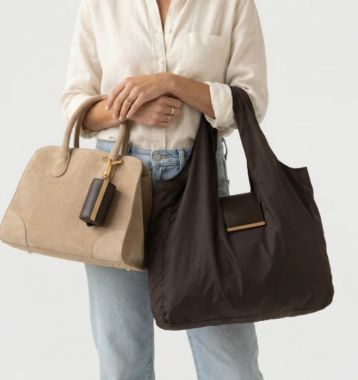 New Women Foldable Keychain Tote Bag Expandable Leather Mini Bags with Key Ring
