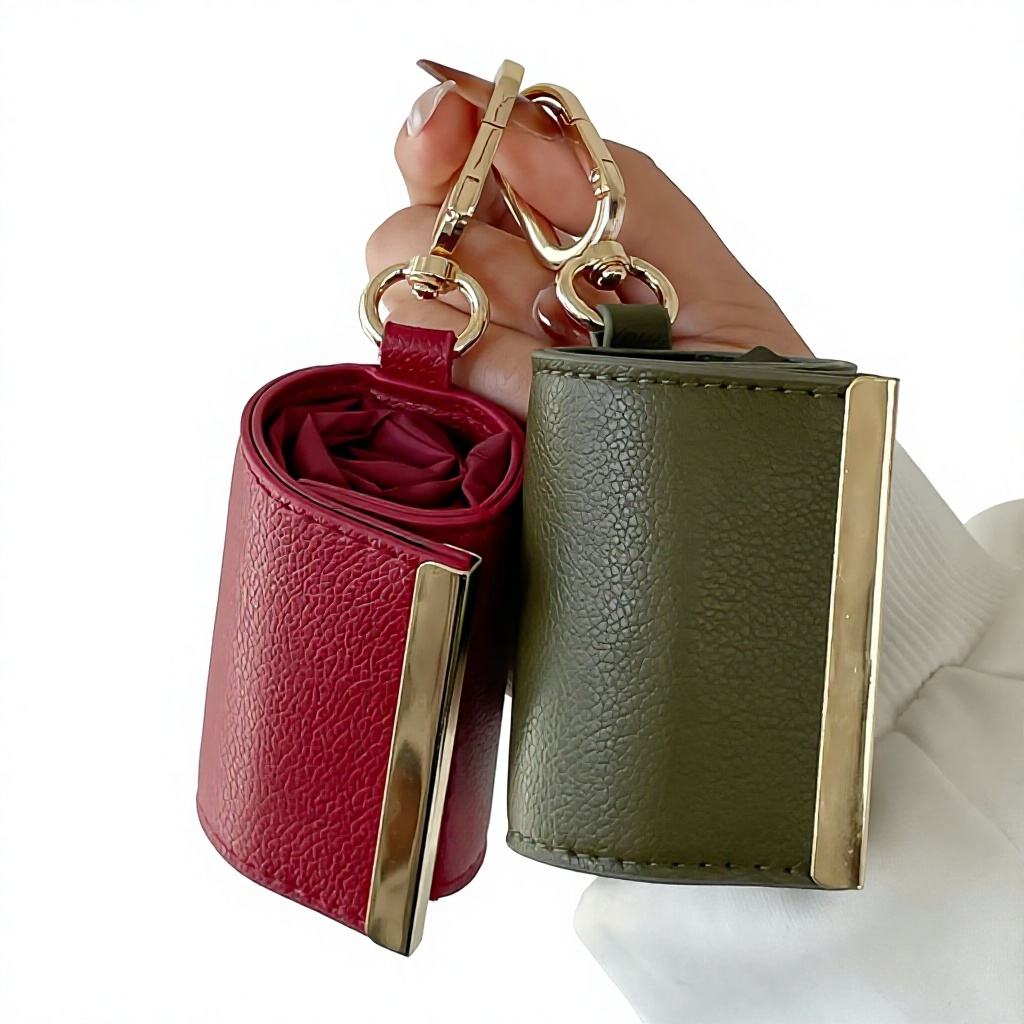 New Women Foldable Keychain Tote Bag Expandable Leather Mini Bags with Key Ring